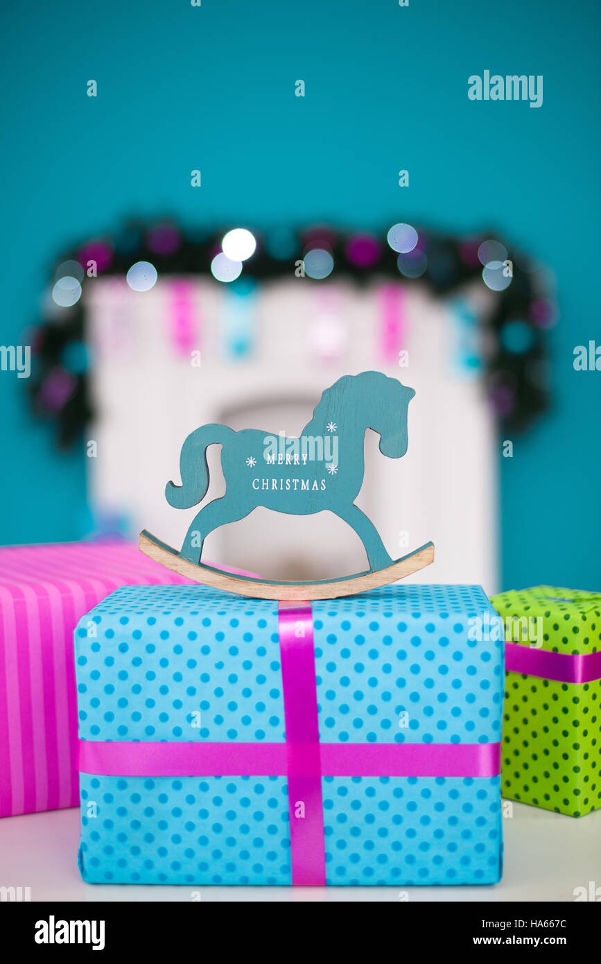 New year's horse is on box Christmas gift Stock Photo