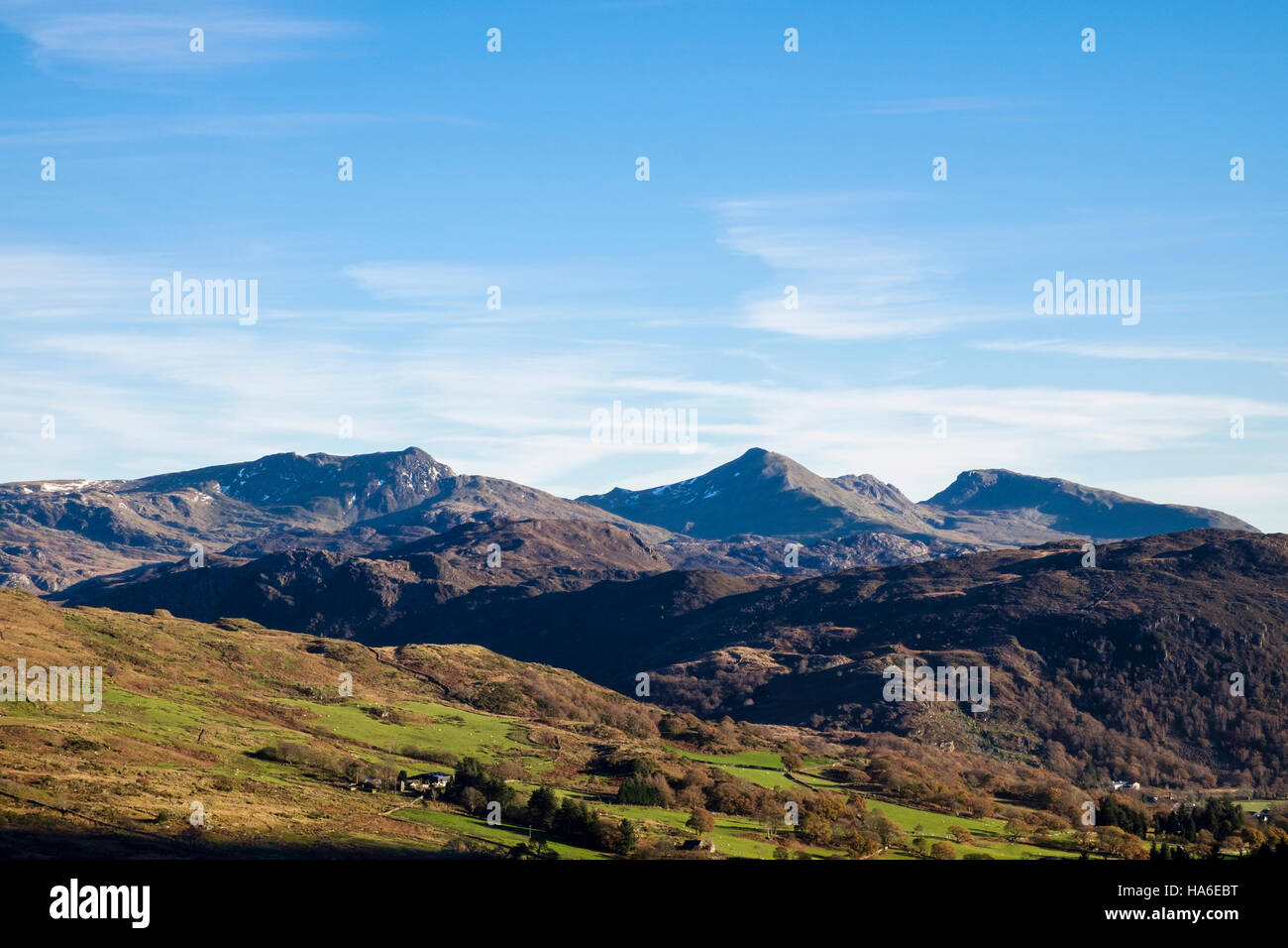 View to distant Cnicht and the Moelwyn mountains in Snowdonia National Park. Beddgelert, Gwynedd, Wales, UK, Britain Stock Photo
