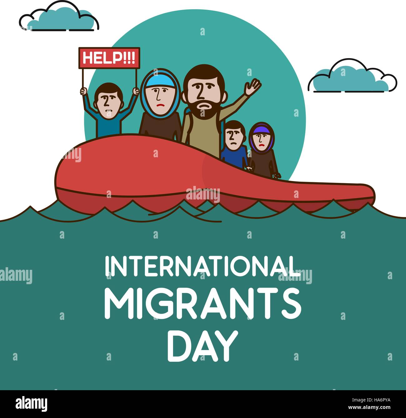 Refugees on the boat in open ocean. Help Us. International migrants day. Vector illustration. Stock Vector