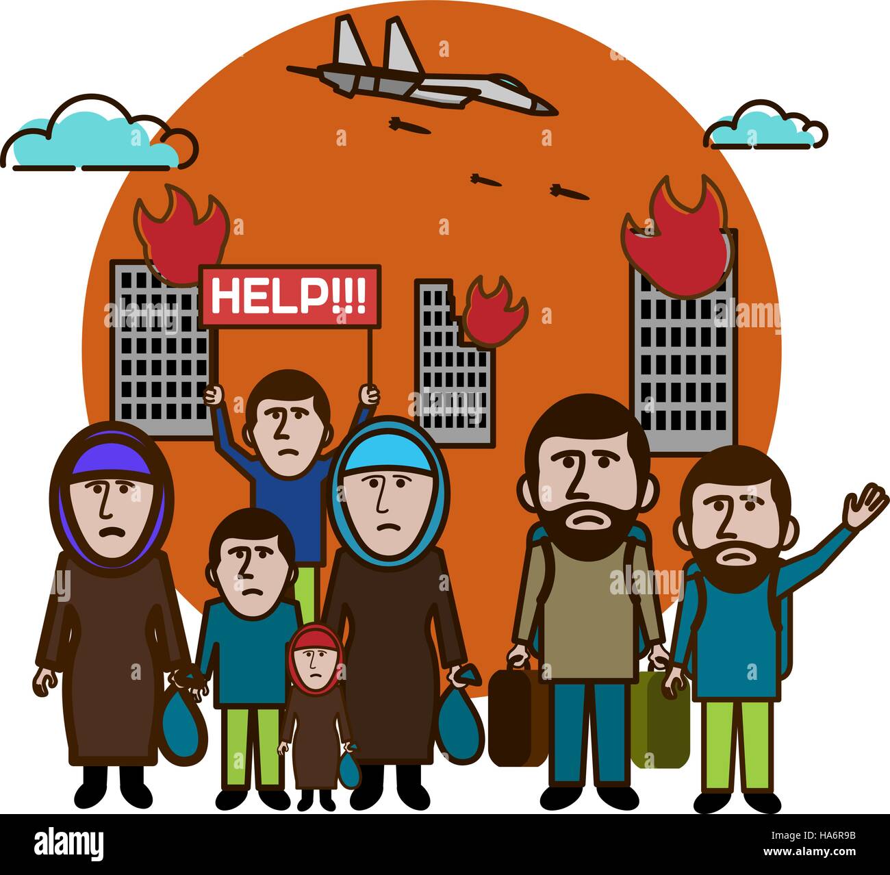 Refugees escape from bombing. Help Us. International migrants day. Vector illustration. Stock Vector