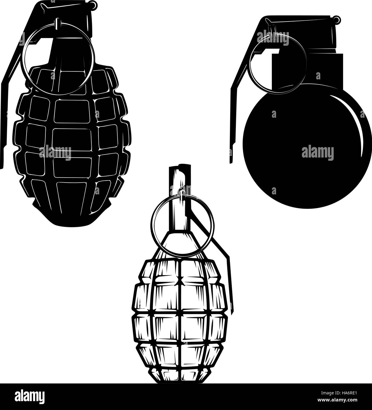 Set of hand grenades isolated on white background. Design elements in vector. Stock Vector