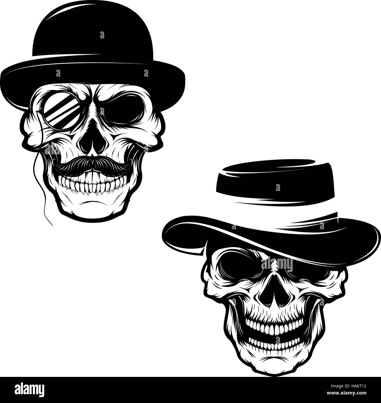 Set of Skulls in hat and monocle. Design element for logo, label, emblem, sign, brand mark, t-shirt print. Vector illustration. Stock Vector