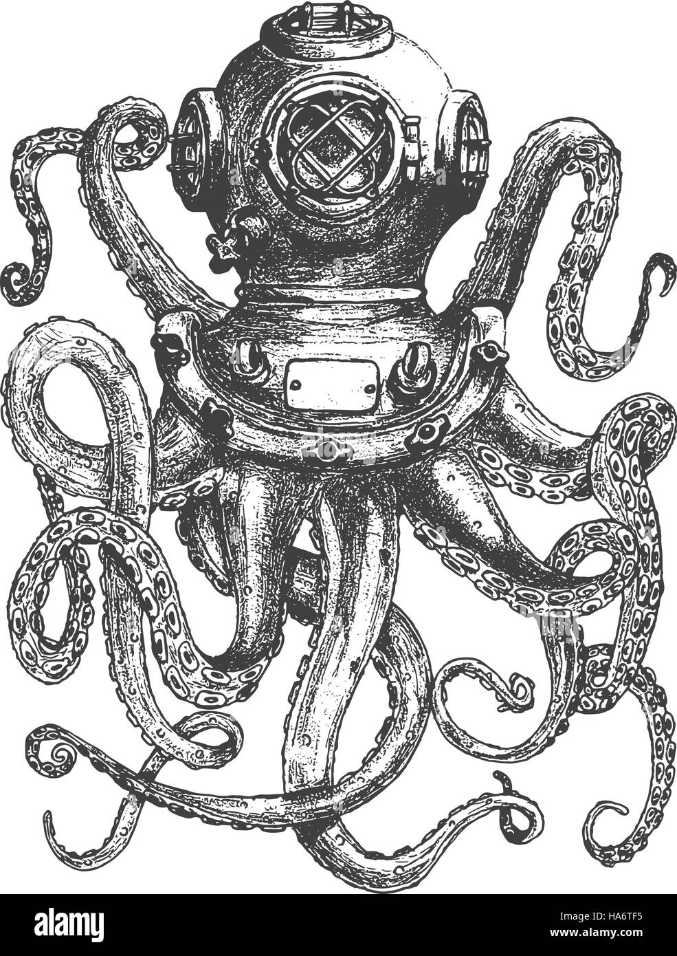 Vintage style diver helmet with octopus tentacles isolated on white