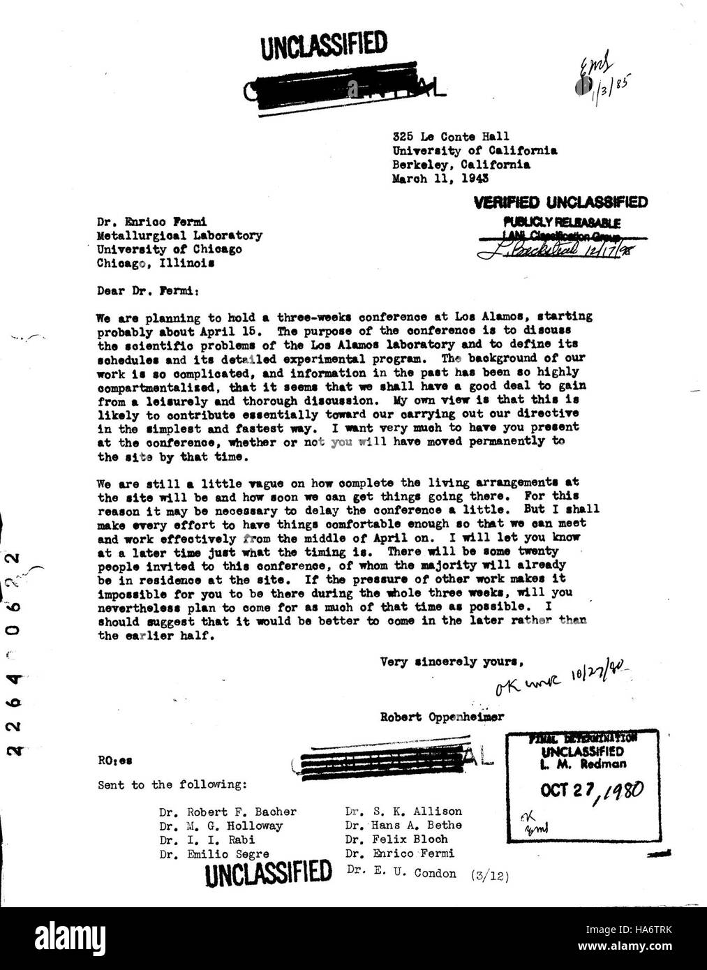 losalamosnatlab 7597469446 Enrico Fermis invitation to the Primer conference March 11 1943 Stock Photo