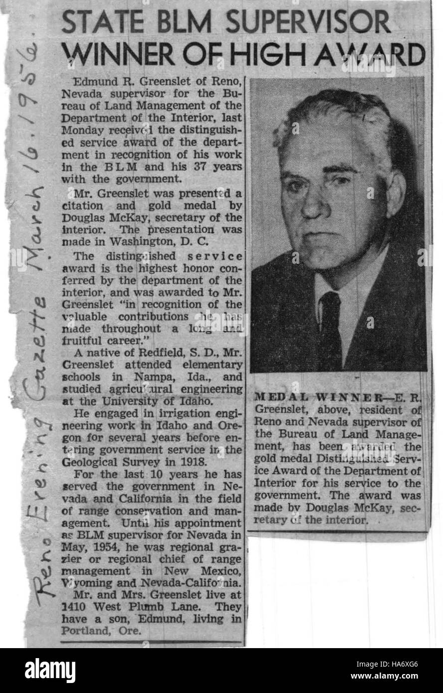 blmnevada 26006187240 Reno Evening Gazette news clip from March 16, 1956 Stock Photo