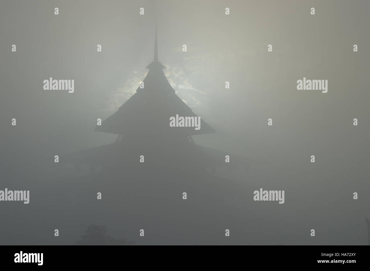 This dramatic photograph titled 'Dust Storm at the Temple' captures a powerful natural event occurring at the Temple, located in Nevada. The image conveys the stark contrast between the dust storm and the ancient structure, highlighting the intensity of the storm's impact. Stock Photo