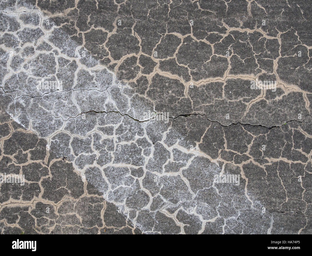 Structured surface of a weathered, cracked gray concrete pavement with diagonal strip of white paint Stock Photo