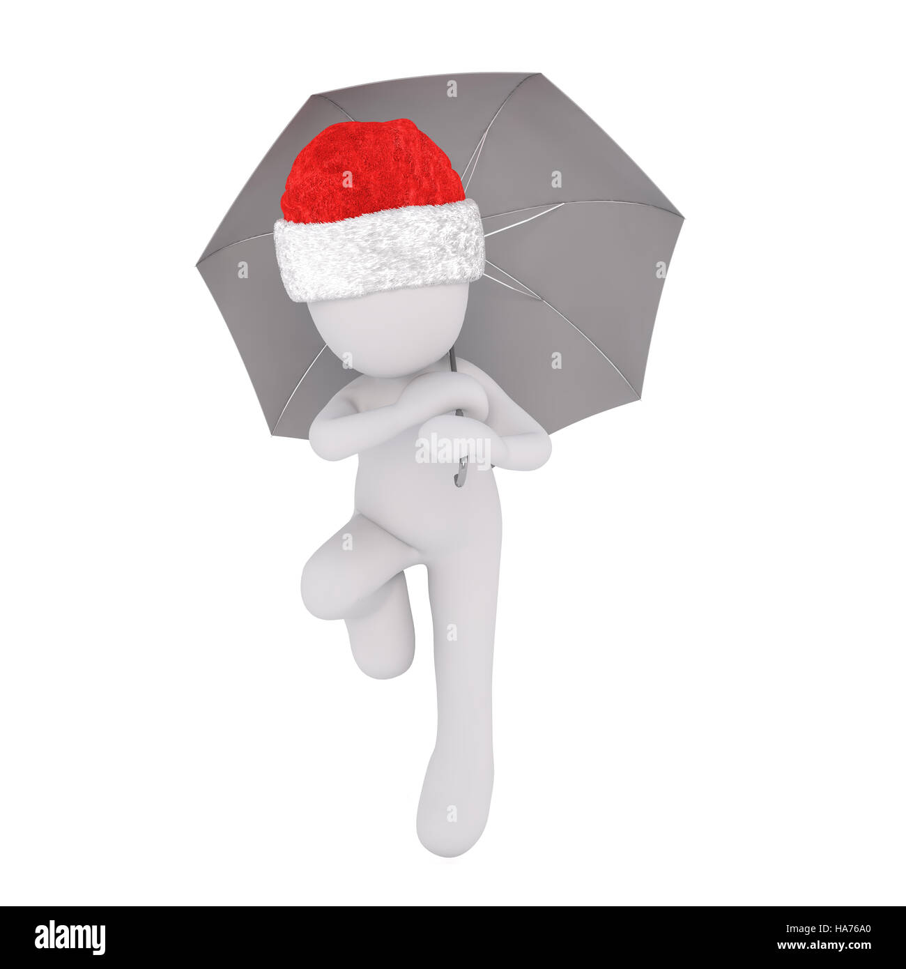 3d man walking towards the viewer holding an umbrella or sunshade over his head and wearing a red Christmas hat, isolated rendered illustration Stock Photo