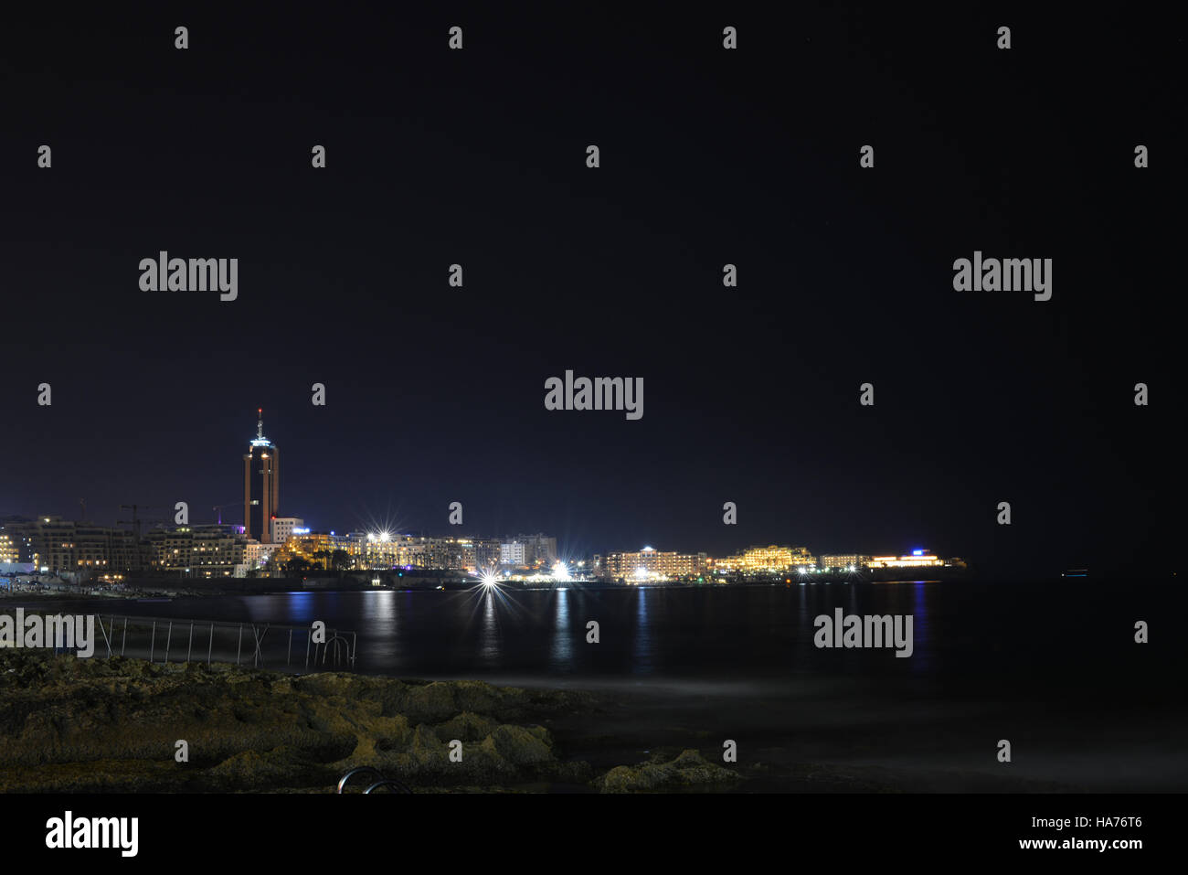 Sliema and St Julians, Malta at night Stock Photo