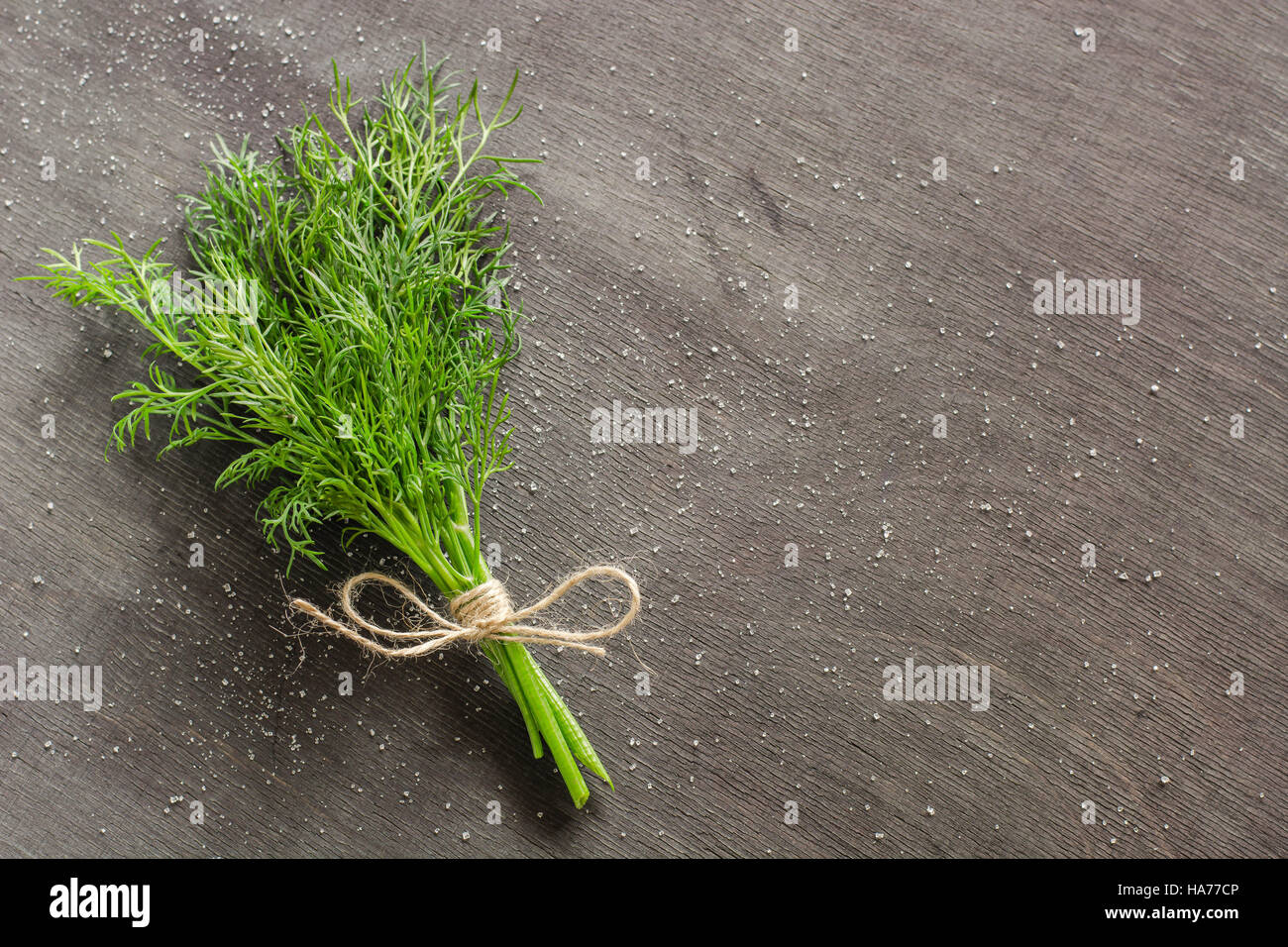A bunch of fresh dill on dark wood background. Empty space for text ...