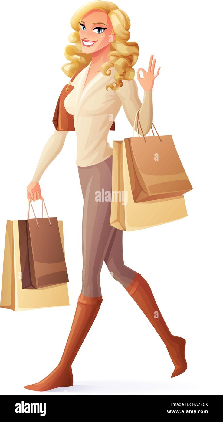 Vector smiling woman walking with shopping bags and showing OK Stock ...