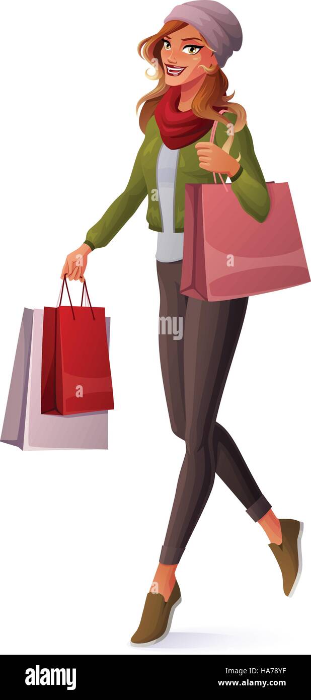 Vector beautiful young woman walking with shopping bags and smiling ...