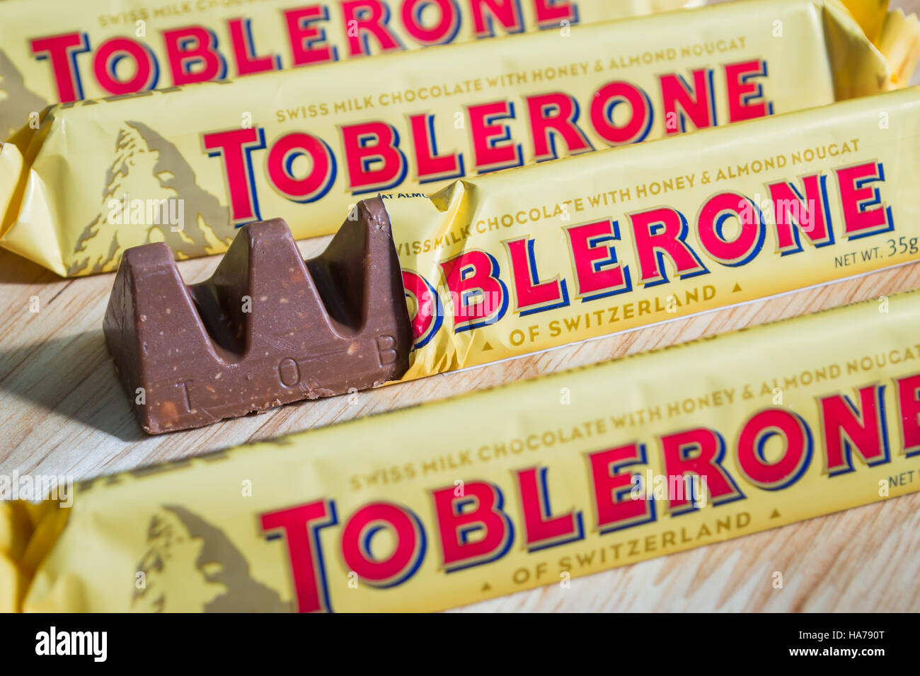 Bangkok, Thailand November 28, 2016 Toblerone chocolate bars Swiss milk chocolate with