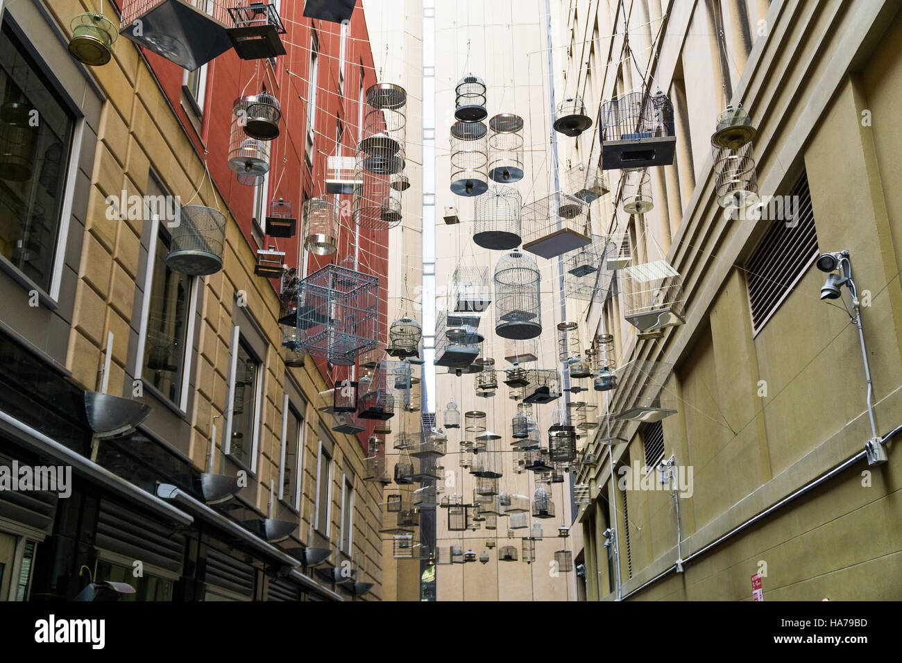 Hanging empty birdcages in Angel Place, Sydney - an art installation called 'Forgotten Songs' Stock Photo