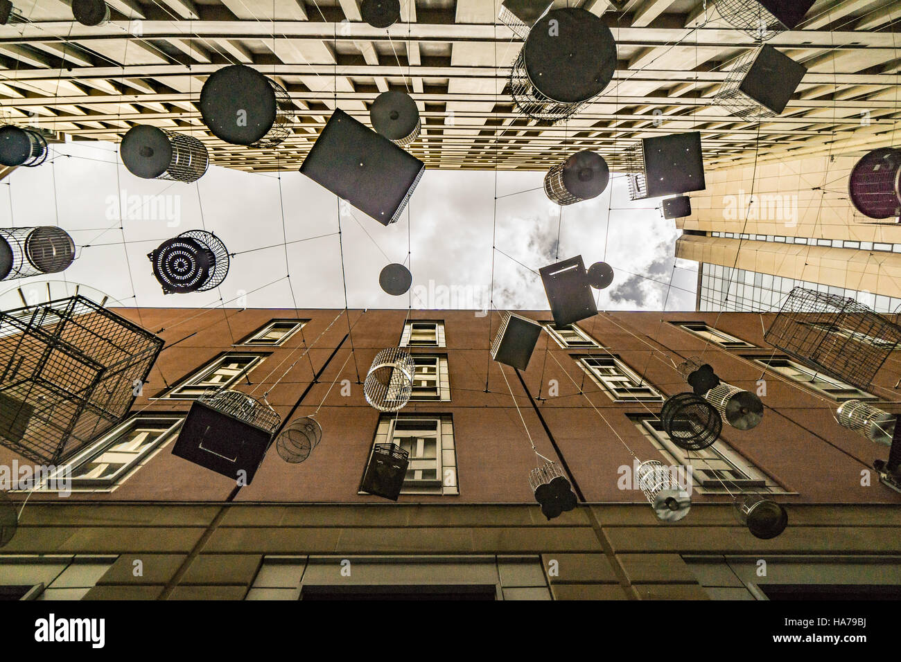 Hanging empty birdcages in Angel Place, Sydney - an art installation called 'Forgotten Songs' Stock Photo