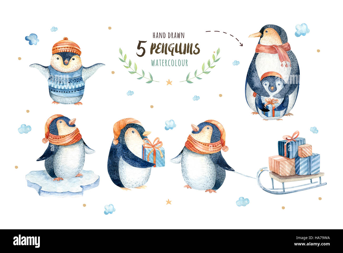 Merry christmas snowflakes and penguins Hand drawn illustration Stock Image