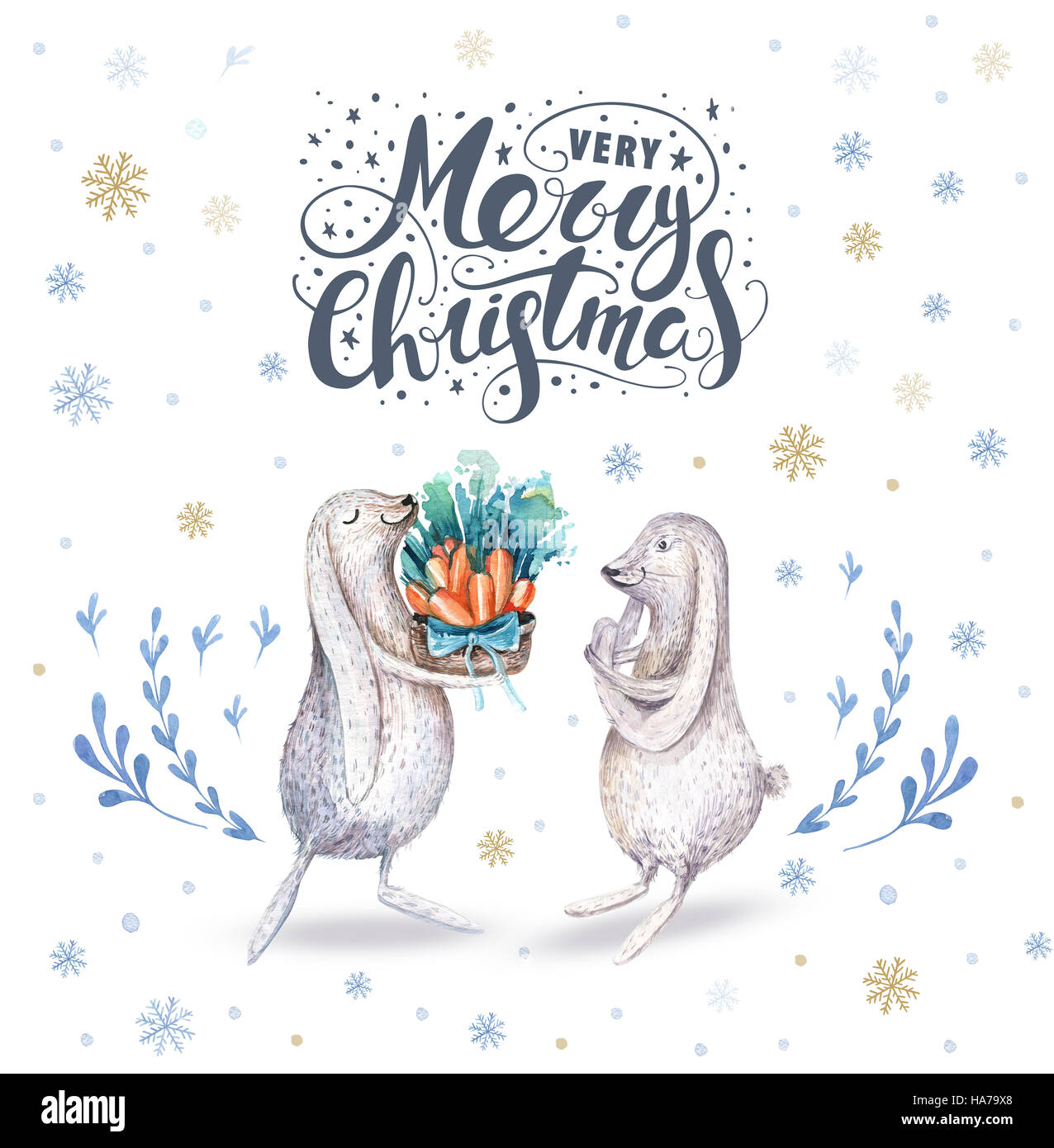 Watercolor hand drawn christmas cute illustrations gift collecti Stock ...