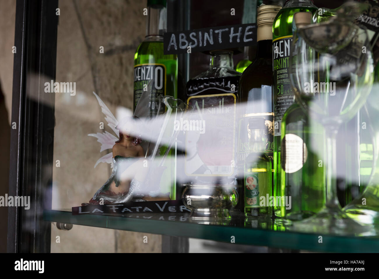 The Absinthe Fairy. Window display in San Marino, Italy. The