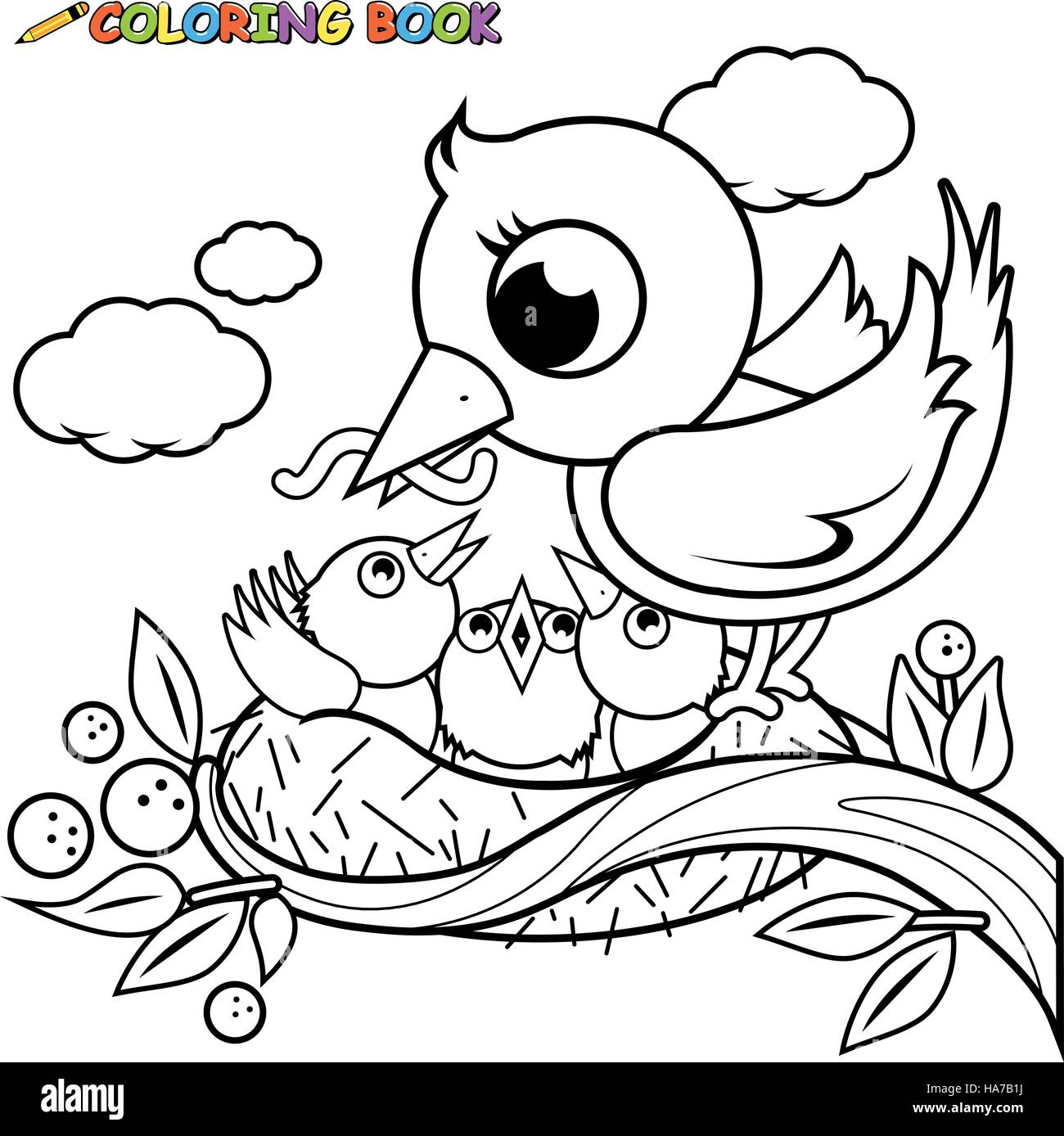 Cute birds in the nest coloring book page Stock Vector Image & Art ...