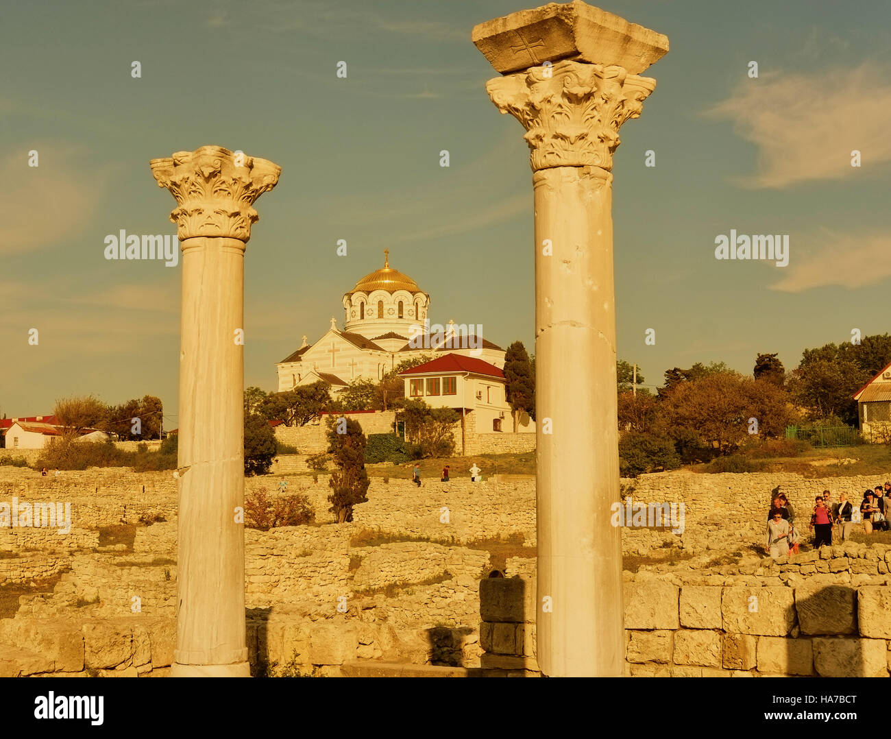 St Vladimir's Cathedral and ancient ruins at Chersonesus Crimea Stock Photo