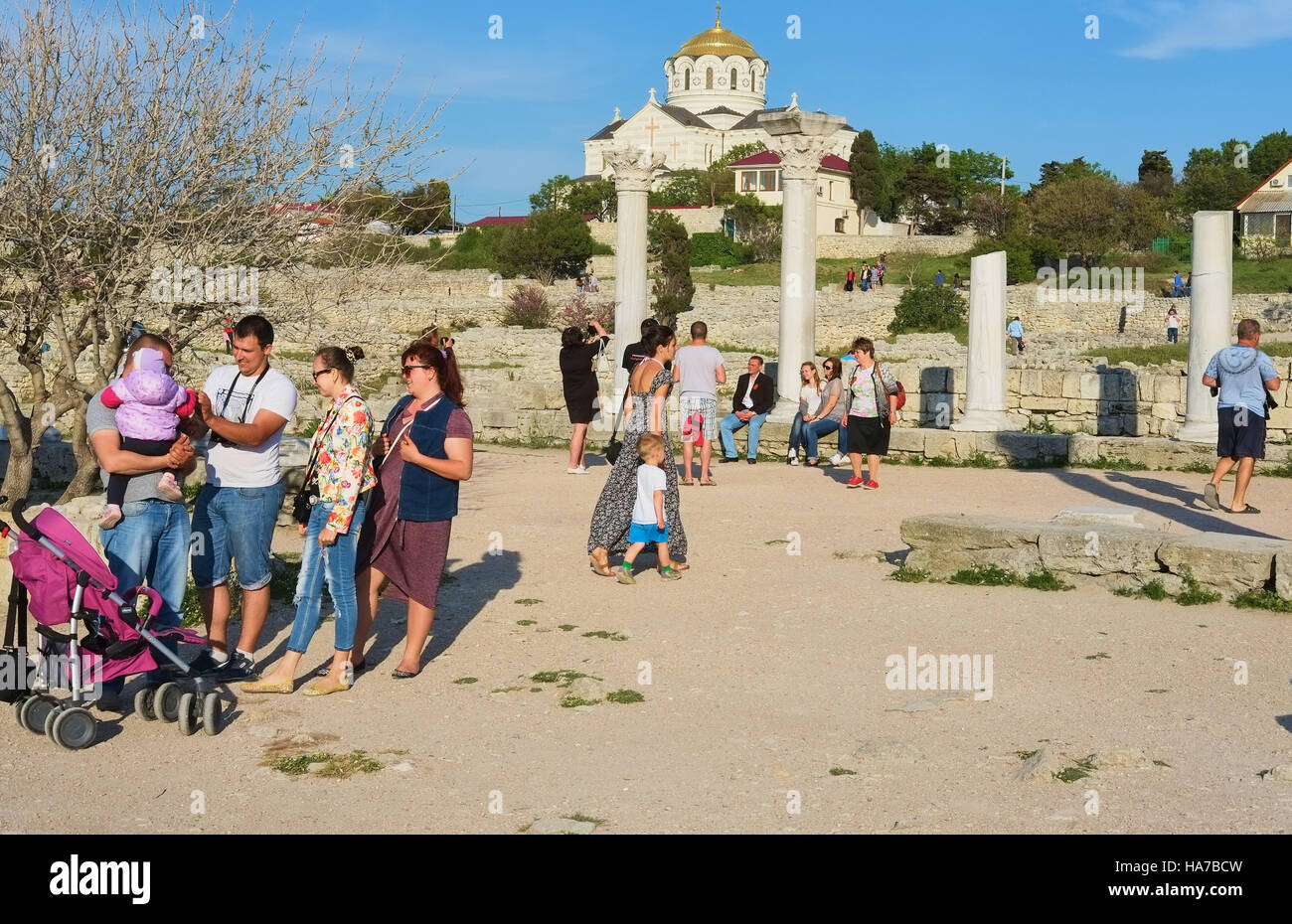 Tourists at St Vladimir's Cathedral and ancient ruins of Chersonesus Taurica Crimea Stock Photo