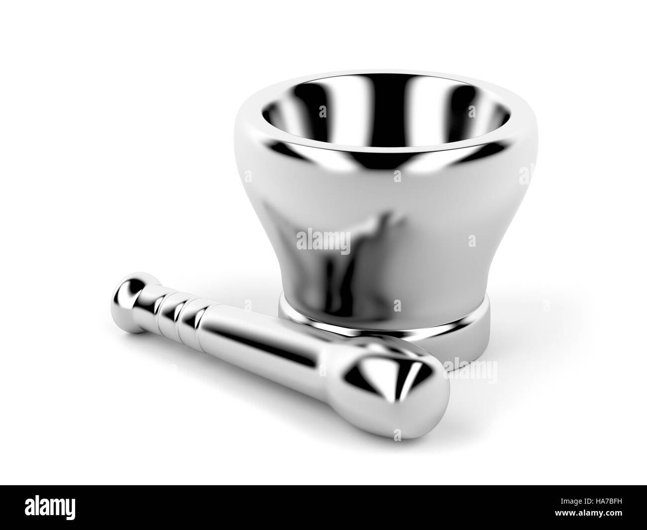 Metal mortar with pestle on white background Stock Photo