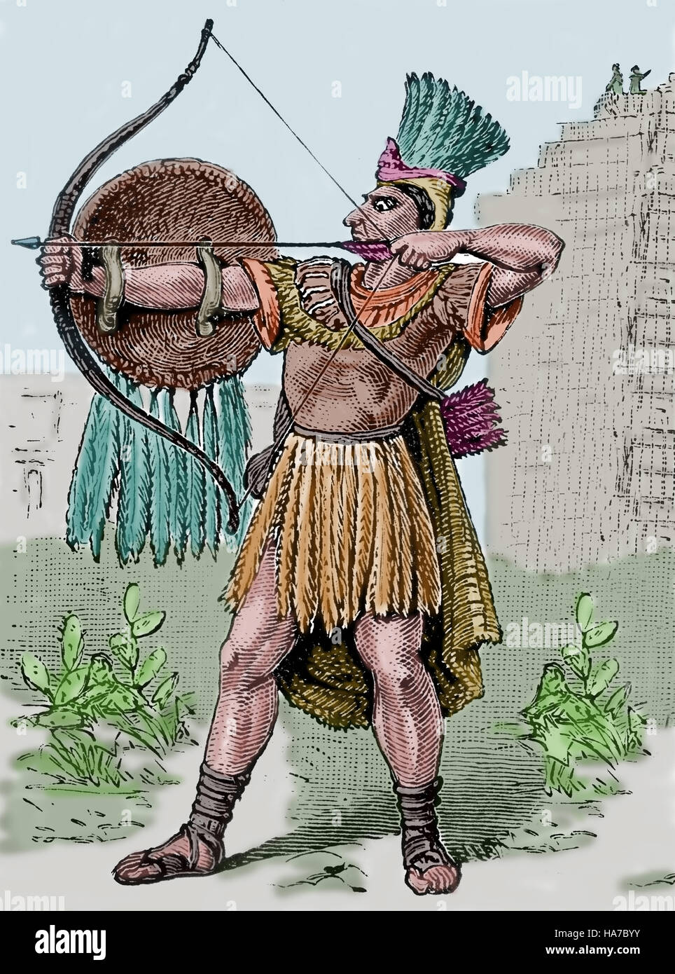 Mesoamerica. Mexico. Aztec warrior. 14th-16th century. Engraving, colored. 19th century. Stock Photo