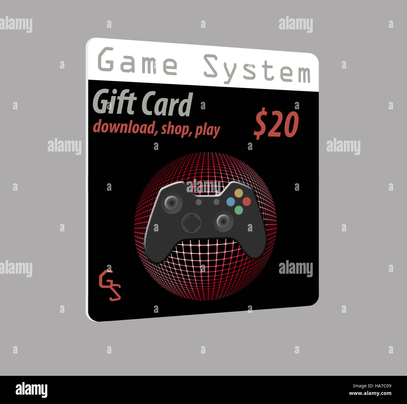 Generic, mock, gift card for home game system isolated on gray background. Use it to shop, download games and play games. Stock Photo