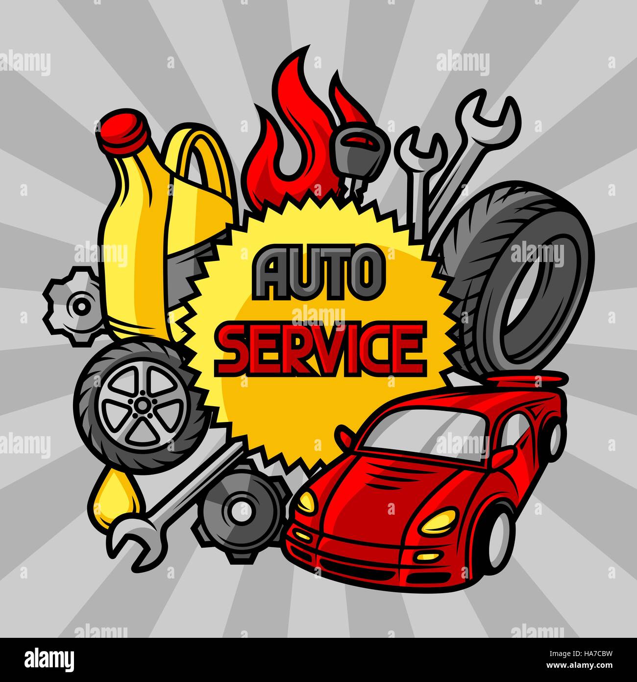 Car repair concept with service objects and items Stock Vector