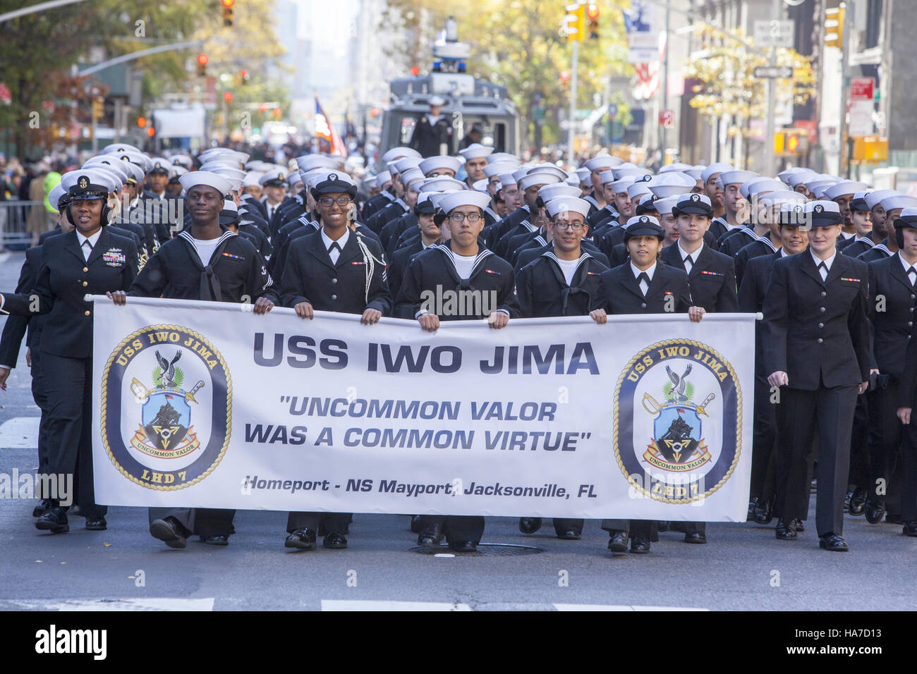 Veterans Day Parade; also known as America's Parade; marches up 5th Avenue in New York City. Navy personnel from the USS IWO JIMA a Wasp-class amphibious assault ship of the United States Navy. Stock Photo