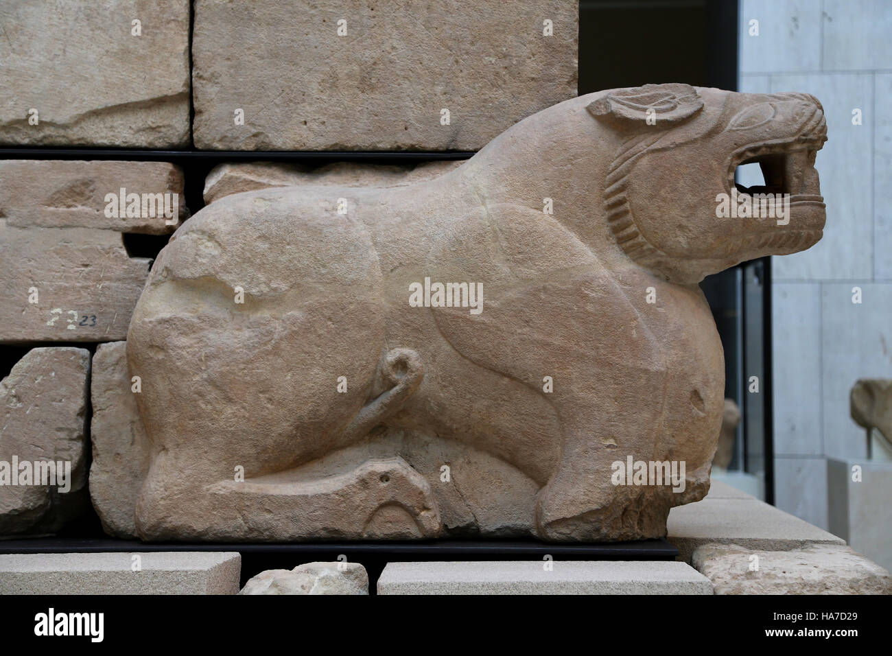 Mausoleum of Pozo Moro. Iberian civilization. 6th century BC. Chinchilla de Monte-Aragon. Spain. Detail corner. Lion. National Archaeological Museum, Stock Photo