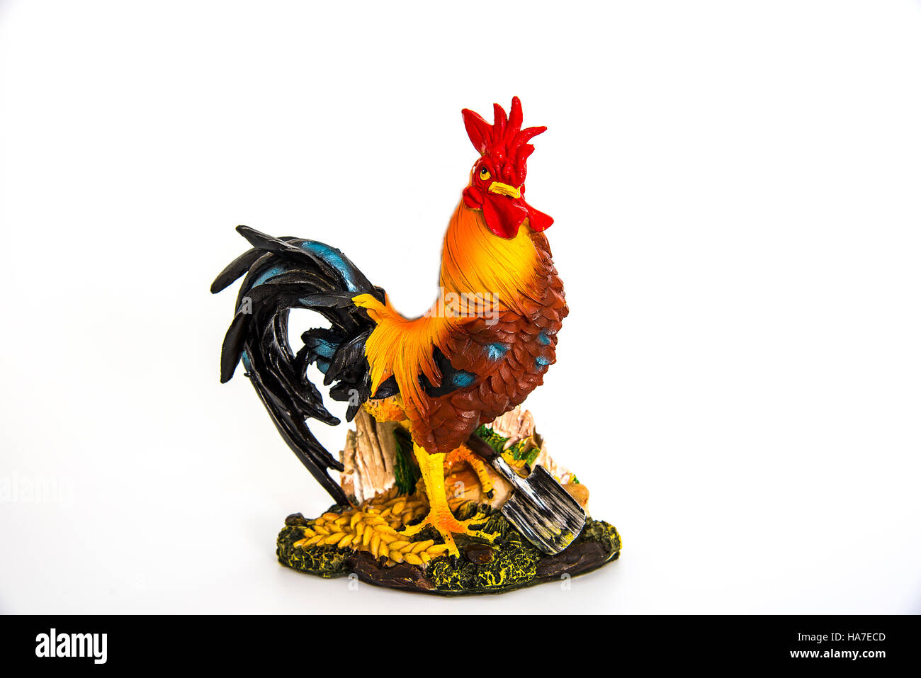 The statue stands as a majestic colorful chicken,2017 Happy new year for sign and symbols. toy isolated rooster for 2017 Stock Photo