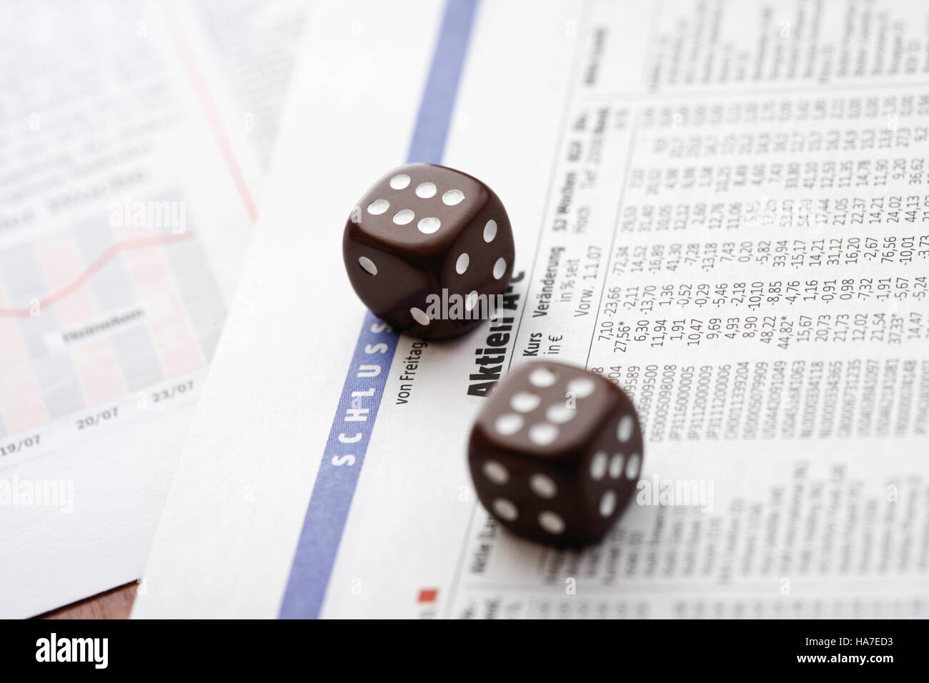 Brown dice, doublets 6, stock quotations, symbolic picture Stock Photo