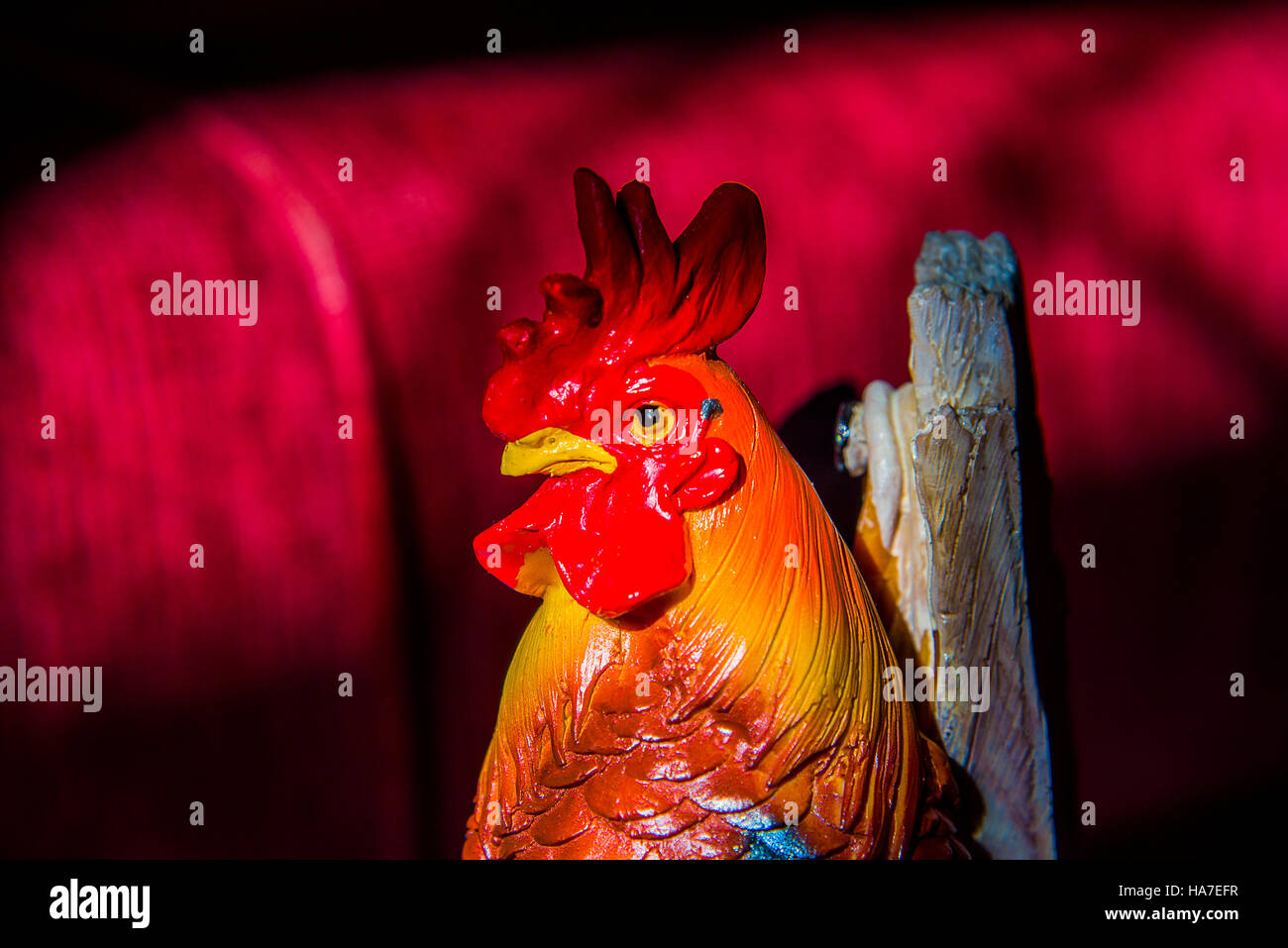 Homemade Christmas toy rooster. Tinted. Top view with copy space Toy Fire Rooster the New Year 2017 Stock Photo