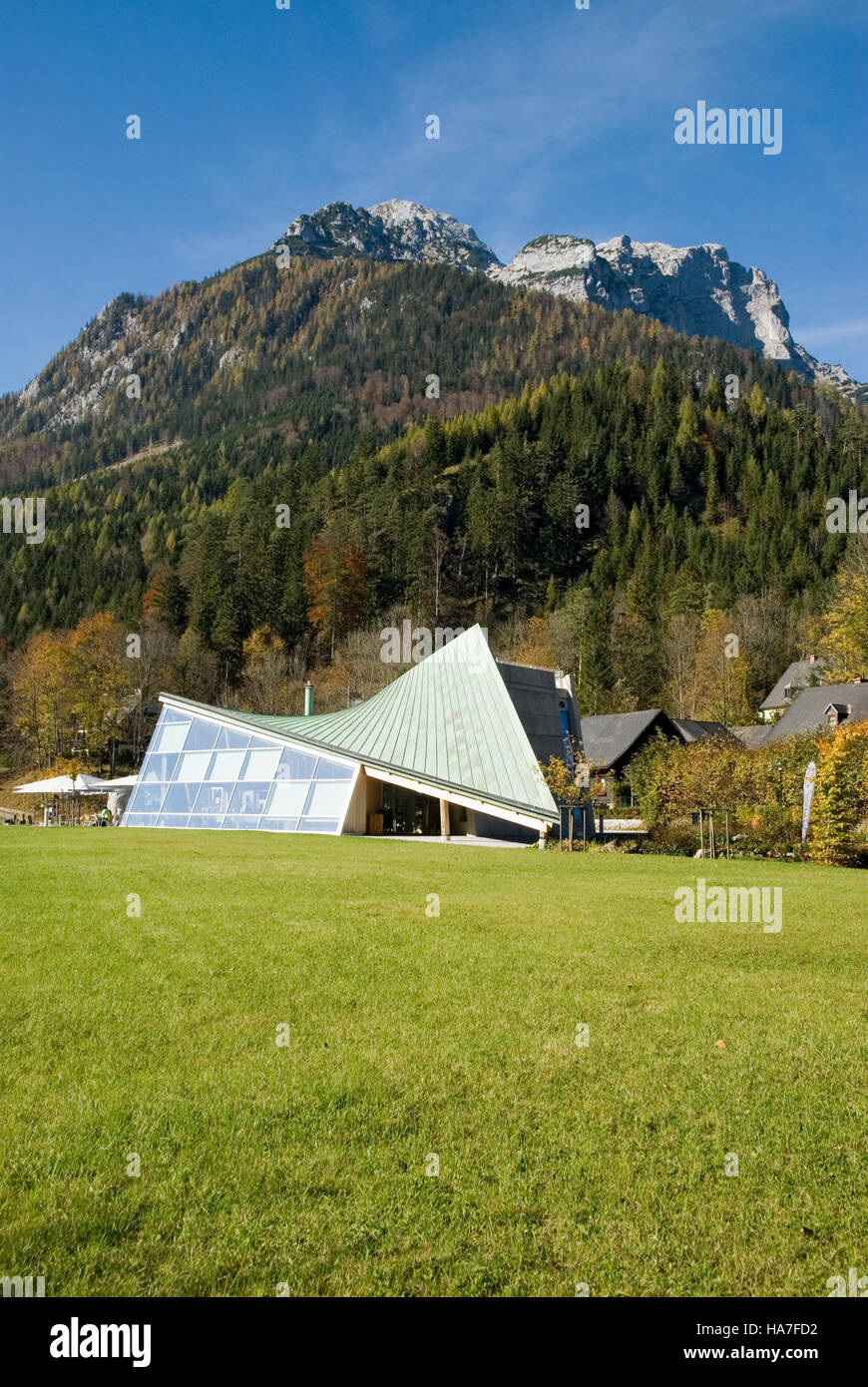 National Park Pavilion in front of the Grosse Buchstein mountain, Gstatterboden, Gesaeuse National Park, Styria, Austria, Europe Stock Photo