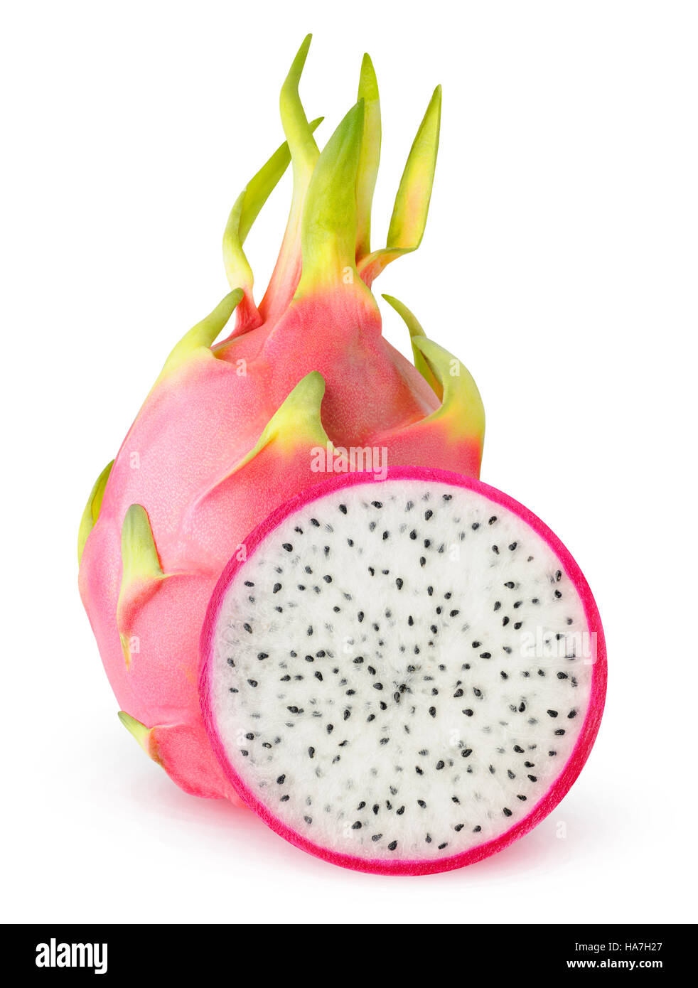Isolated dragonfruit. Cut dragon fruits (pitaya) isolated on white background with clipping path Stock Photo