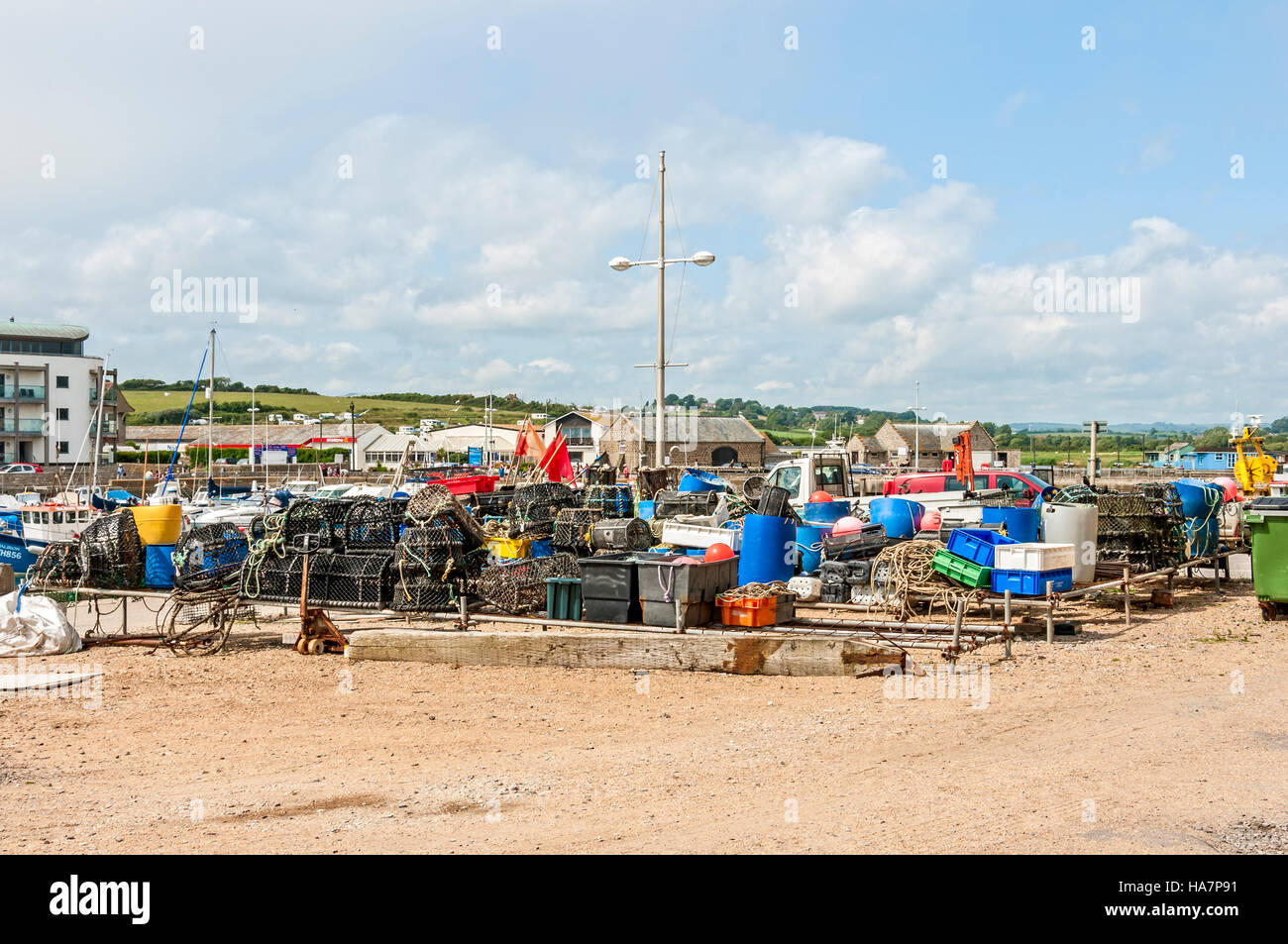 Commercial fishing gear arranged in colourful plots ready for loading
