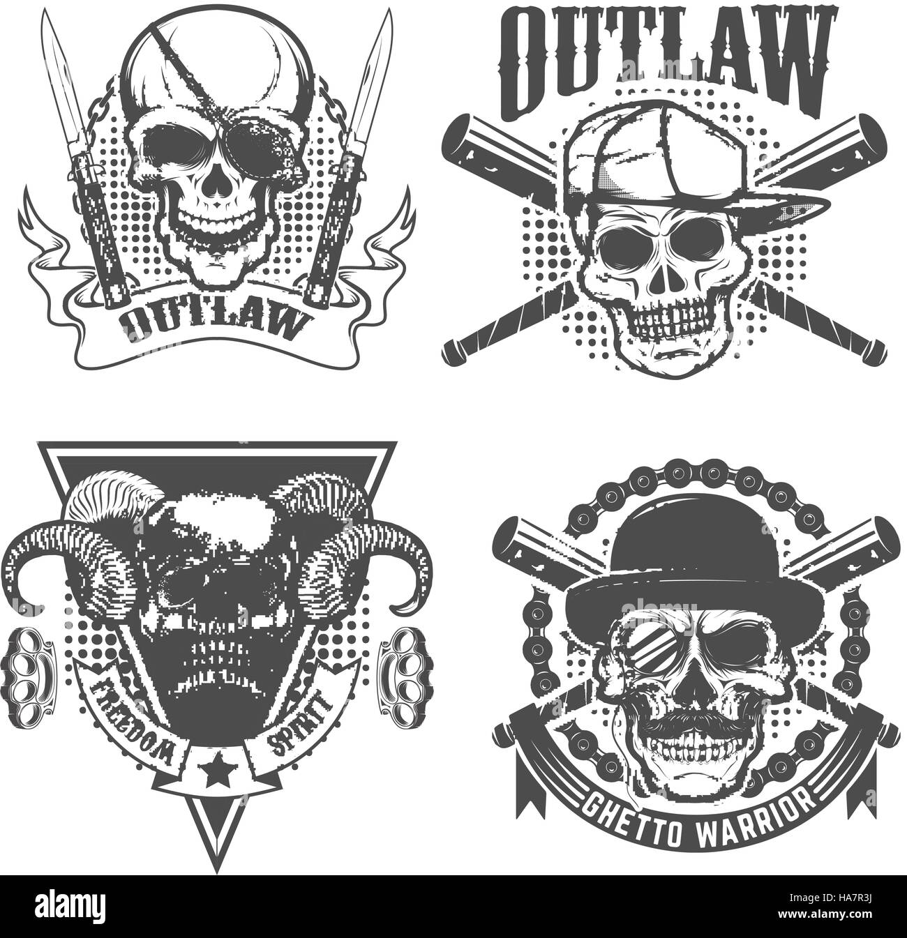 Set of gangster emblems. Skull with two crossed knives on grunge background. Design element for t-short print. Stock Vector