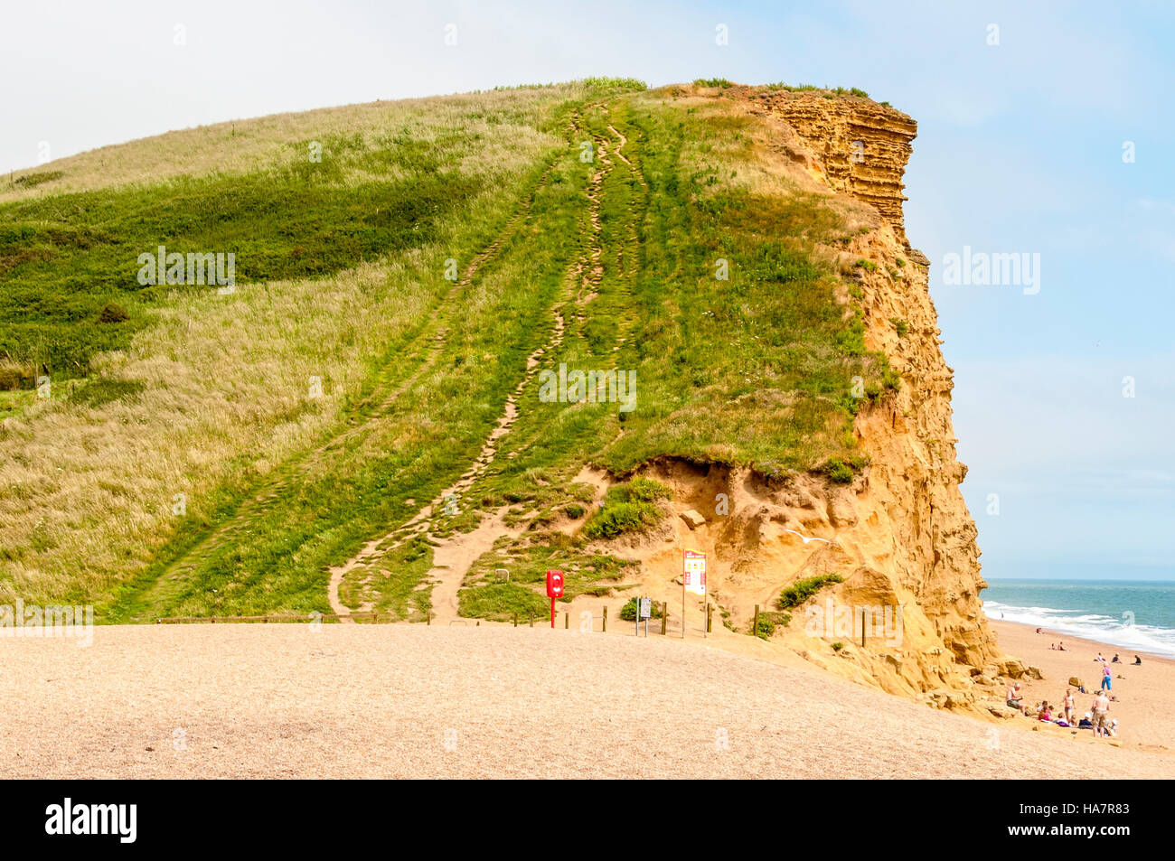 A steep path climbs from relatively flat sand through green vegetation to the top of the vertical East Cliff at Bridport Sands Stock Photo