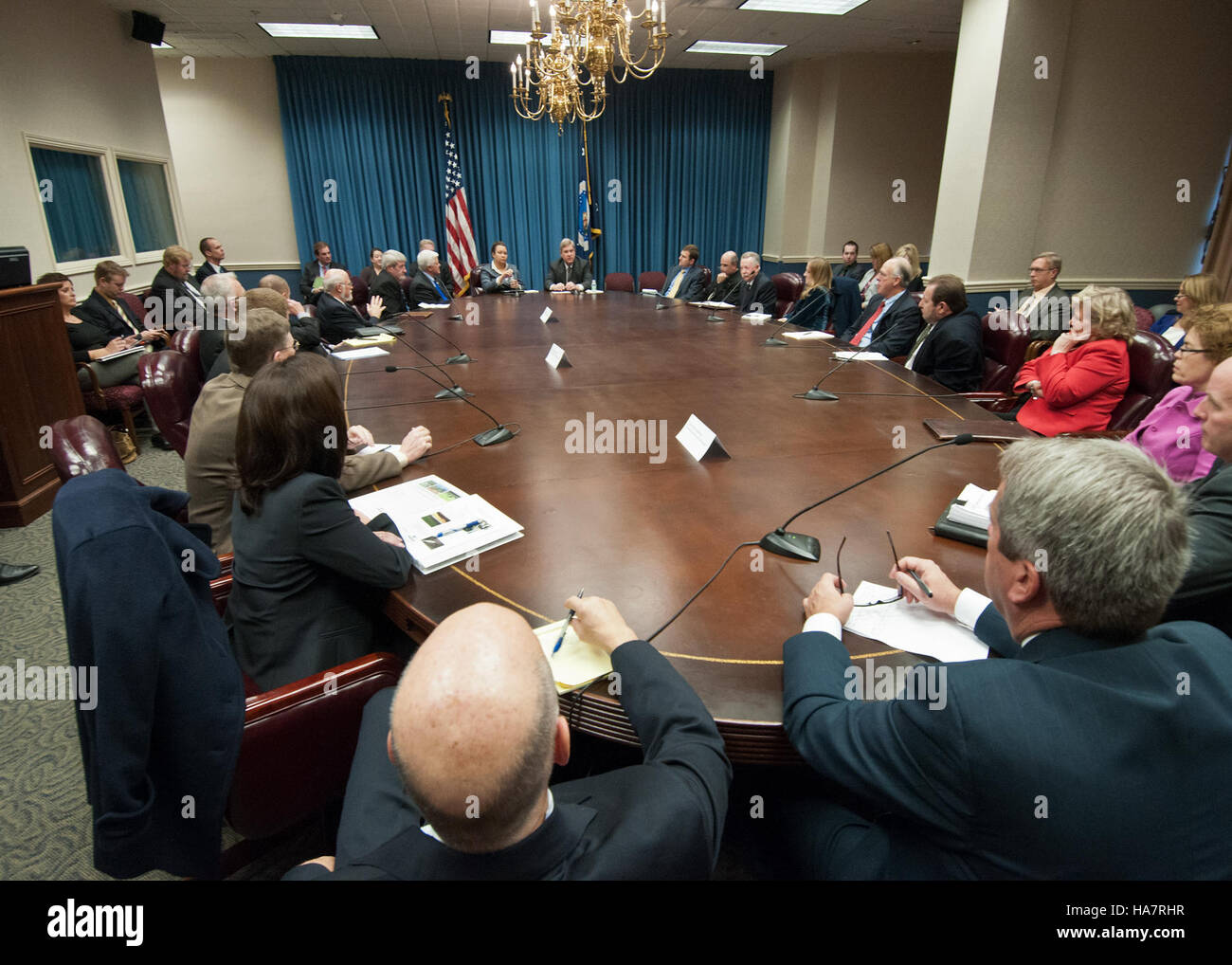 Secretary Tom Vilsack and EPA Administrator Lisa Jackson meet with commodity groups in Room 104A at the USDA to discuss environmental policies impacting agriculture and the role of sustainable farming practices in preserving the environment. Stock Photo