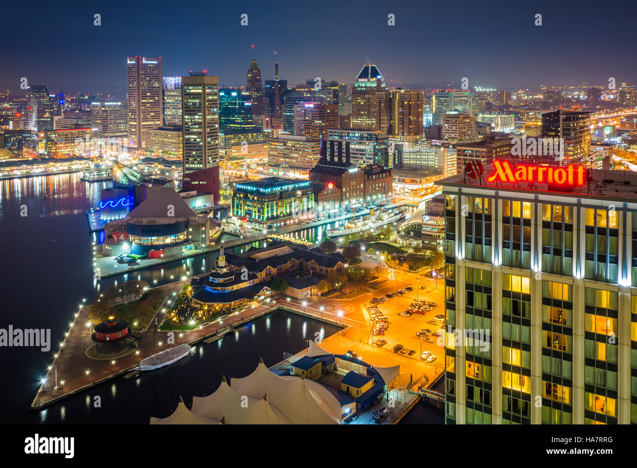Aerial view of the Inner Harbor at night, in Baltimore, Maryland Stock Photo Alamy