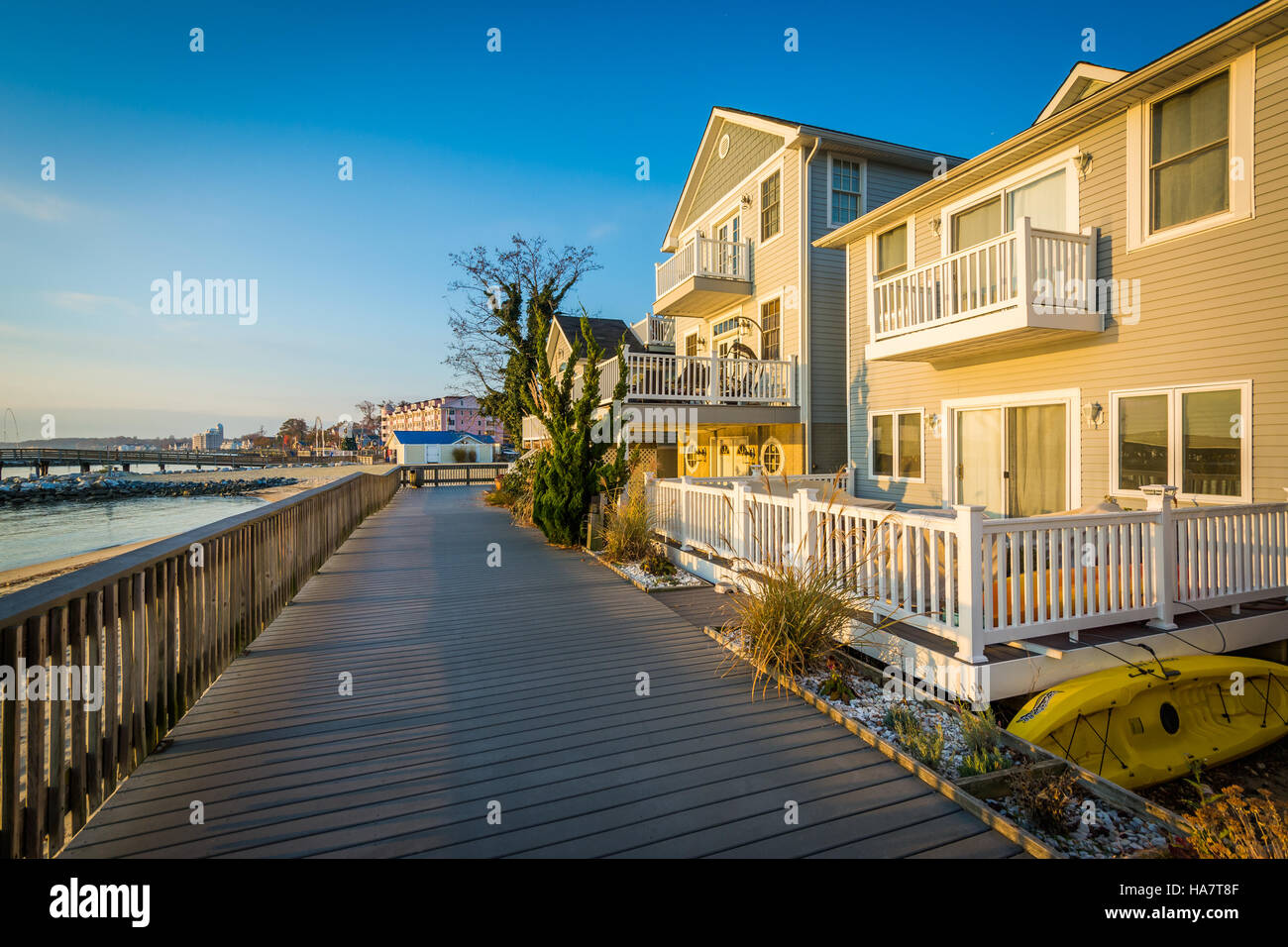 Waterfront houses and boardwalk, in North Beach, Maryland Stock Photo
