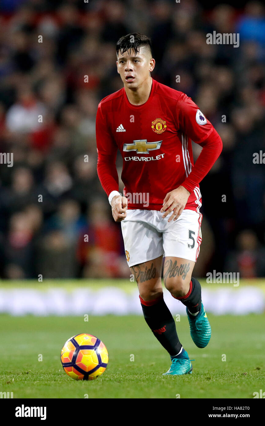Manchester United's Marcos Rojo during the Premier League match at Old Trafford, London. PRESS ASSOCIATION Photo. Picture date: Sunday November 27, 2016. See PA story SOCCER Man Utd. Photo credit should read: Martin Rickett/PA Wire. RESTRICTIONS: EDITORIAL USE ONLY No use with unauthorised audio, video, data, fixture lists, club/league logos or 'live' services. Online in-match use limited to 75 images, no video emulation. No use in betting, games or single club/league/player publications. Stock Photo