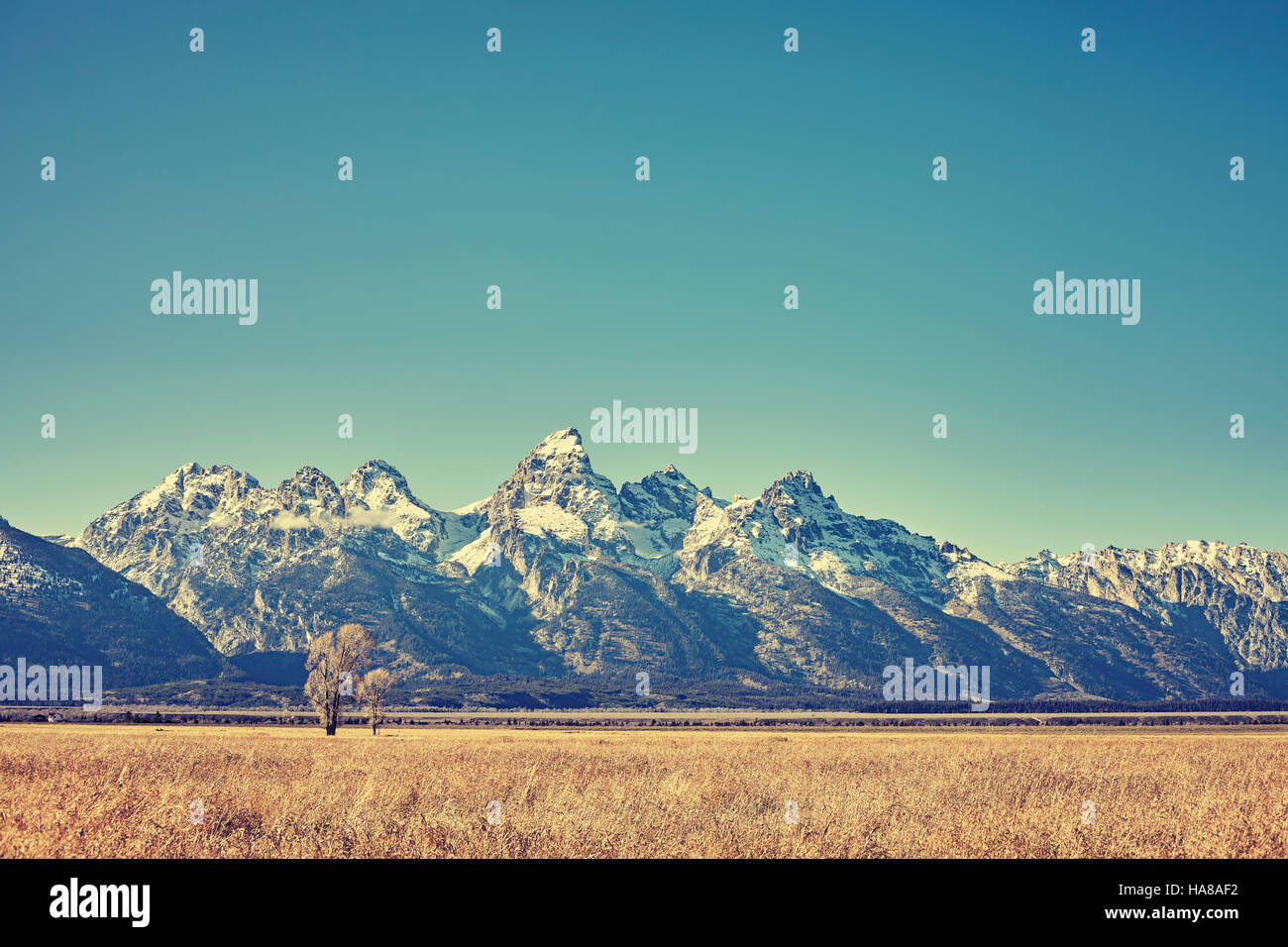 Retro toned view of Grand Teton mountain range, Wyoming, USA. Stock Photo