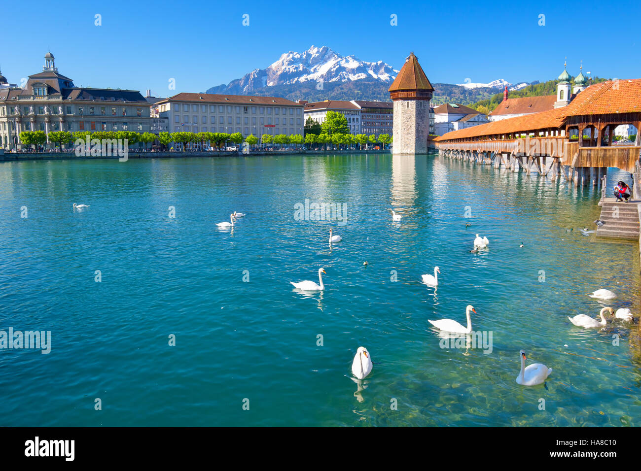Historic city center of Lucerne with famous Chapel Bridge and lake Lucerne (Vierwaldstattersee), Canton of Luzern, Switzerland Stock Photo