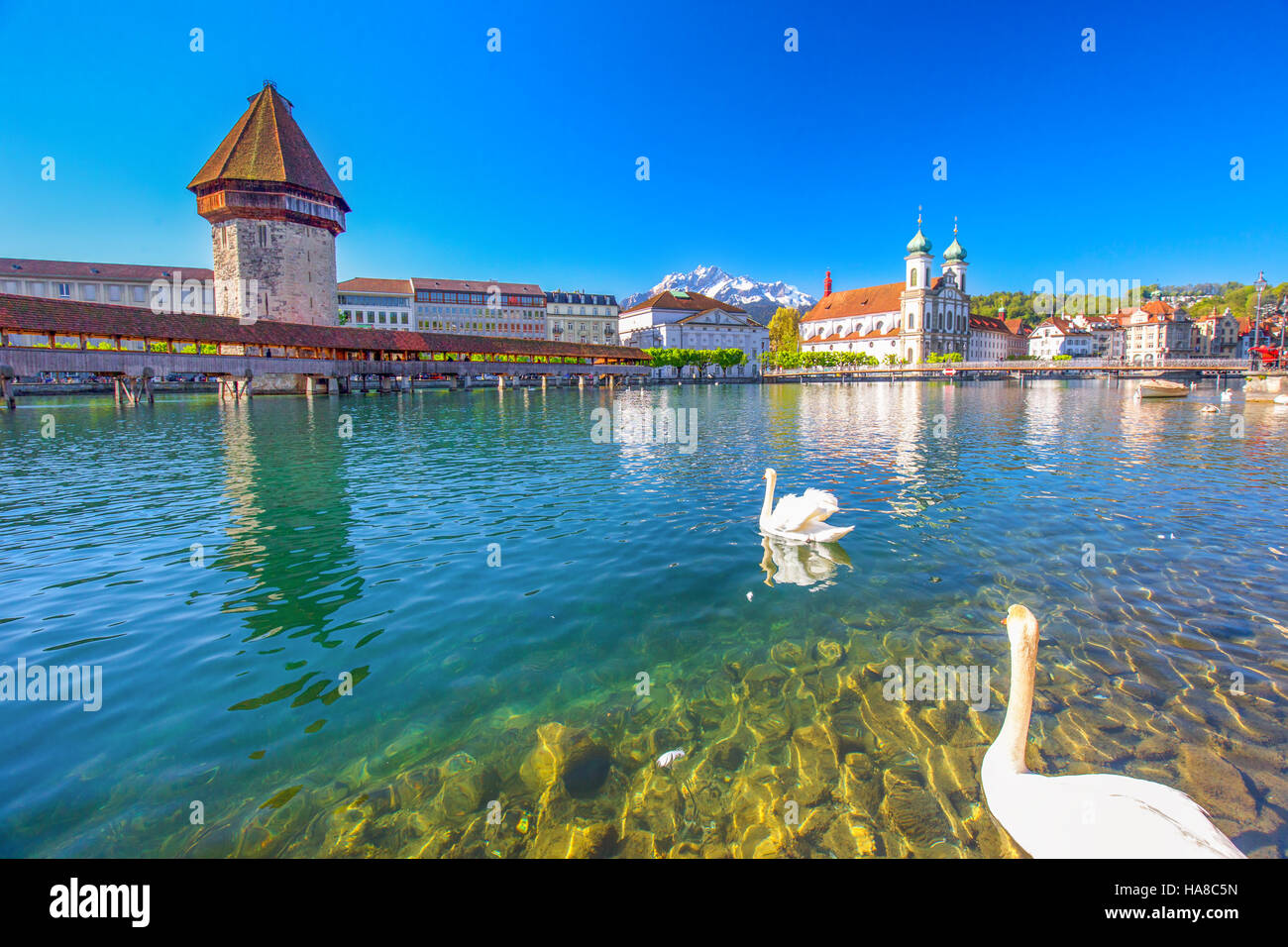 Historic city center of Lucerne with famous Chapel Bridge and lake