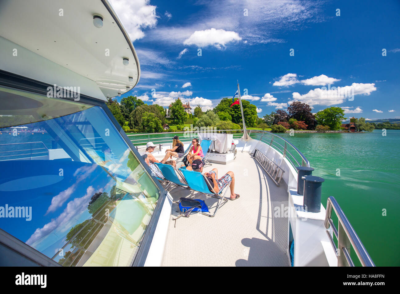 Scenic panorama view of traditional excursion ship on famous Lake Zug ...