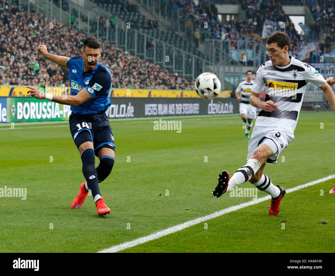 sports, football, Bundesliga, 2016/2017, Borussia Moenchengladbach vs TSG 1899 Hoffenheim 1:1, Stadium Borussia Park, scene of the match, Sandro Wagner (TSG) left and Andreas Christensen (MG) Stock Photo