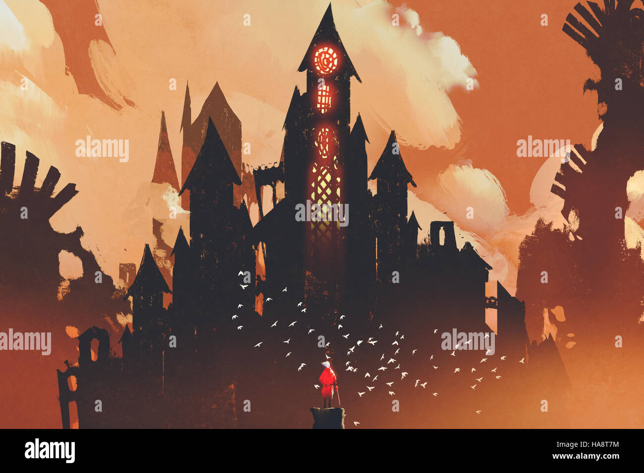 red knight standing in front of fantasy castle in the background of orange clouds,illustration painting Stock Photo