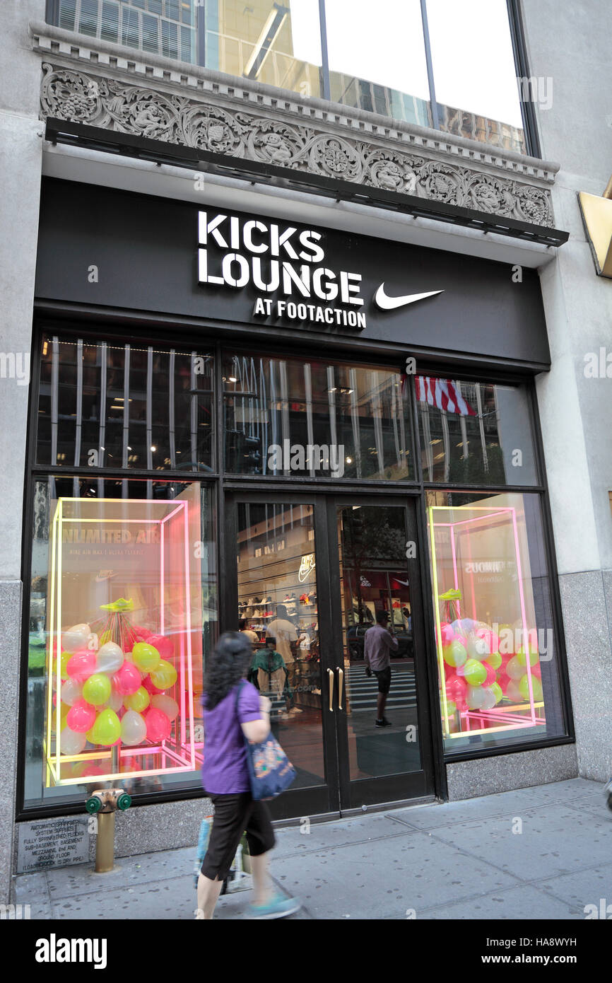 The Kicks Lounge at the Footaction store (casual shoes, sneakers, clothing), W. 34th Street, New York City, United States. Stock Photo